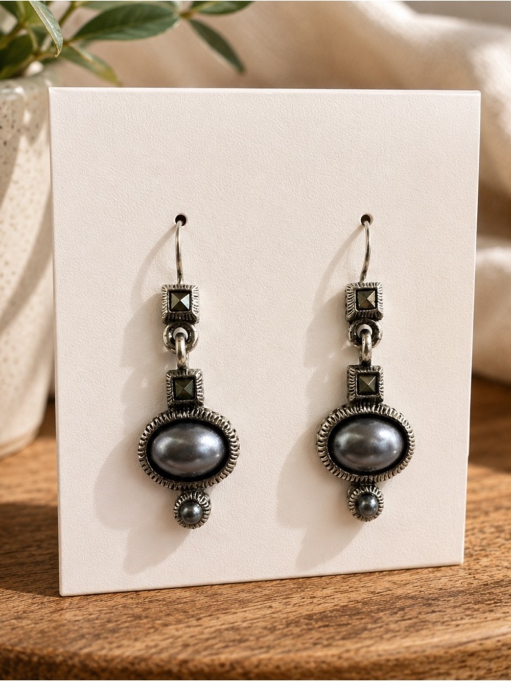 Artisan Pearl Drop Handmade Sterling Silver Earrings Modern Vintage Signed LC